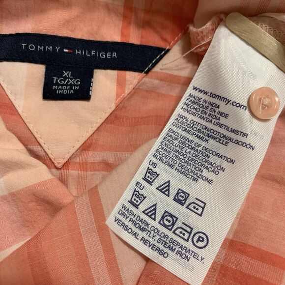 Tommy Hilfiger Shirt Women XL Plaid Salmon Vibrant Lightweight Collared Summer - Picture 3 of 9